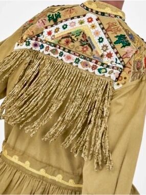 Embroidered Fringe Western Jacket - Mustard